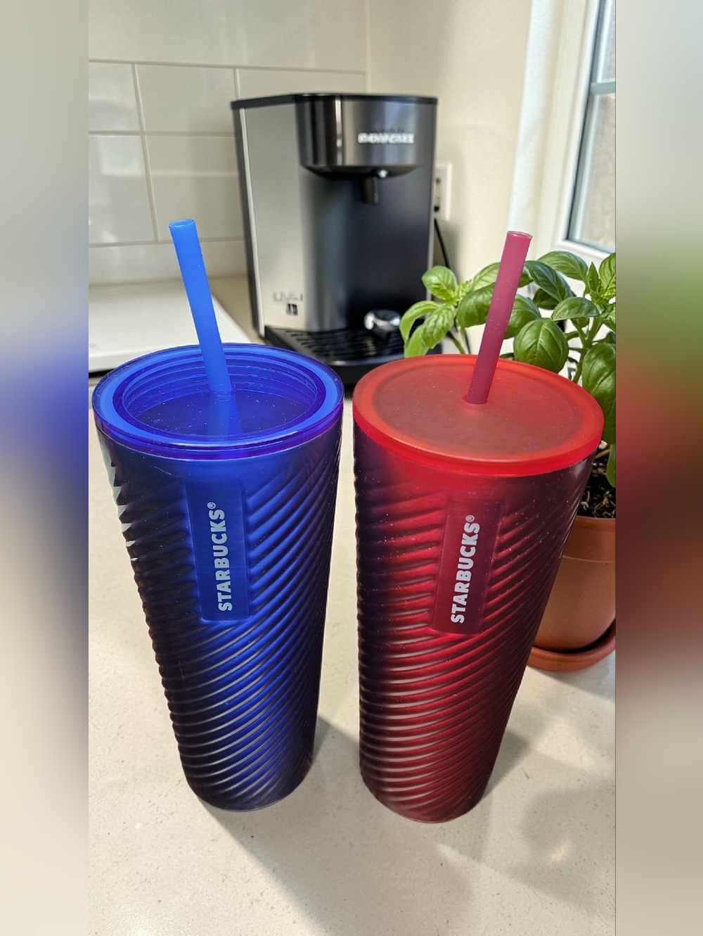 Dual Starbucks 24 oz Blue & Red Swirl Stainless Steel Cold Cups